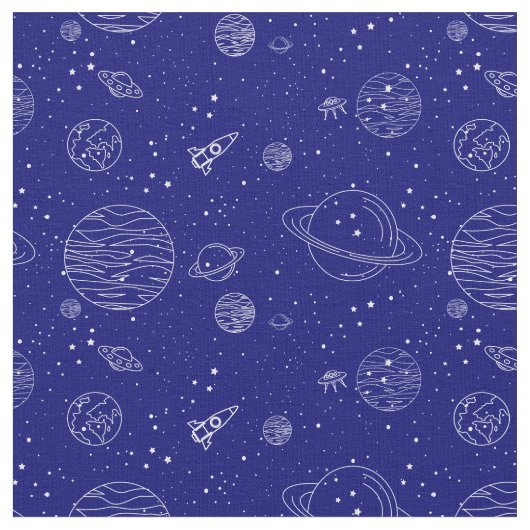 Raumthema Planets Rockets Stars auf blau Stoff (Nahaufnahme)