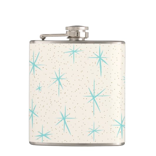 Raumzeitalter Türkisfarbene Sternexplosionen Wrapp Flachmann (Vorderseite)