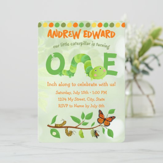 Raupe 1. Geburtstag Einladung (Stehend Vorderseite)