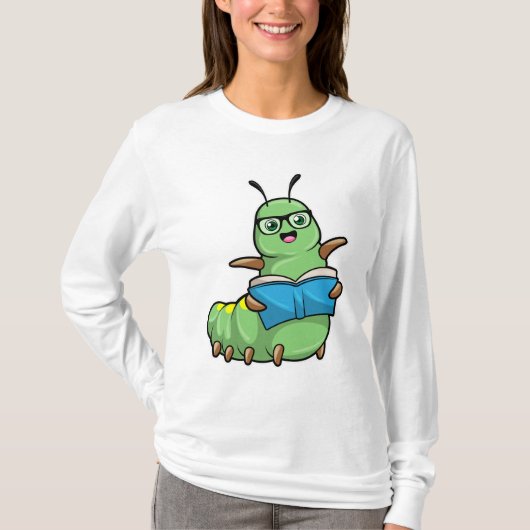 Raupe als Nerd mit Buch & Brille T-Shirt (Vorderseite)