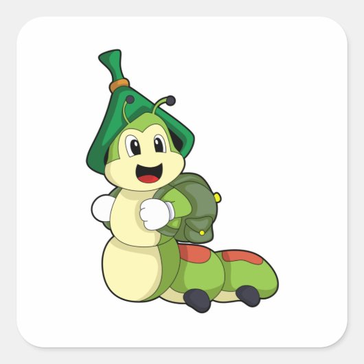 Raupe als Student mit Rucksack Quadratischer Aufkleber (Vorderseite)