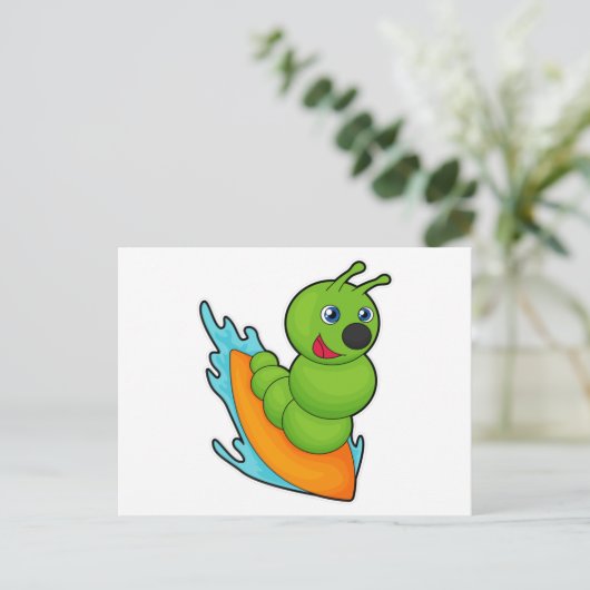 Raupe als Surfer mit Surfboard Postkarte (Stehend Vorderseite)