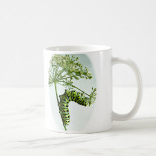 Raupe aus schwarzem Frack isst Petersilie Kaffeetasse