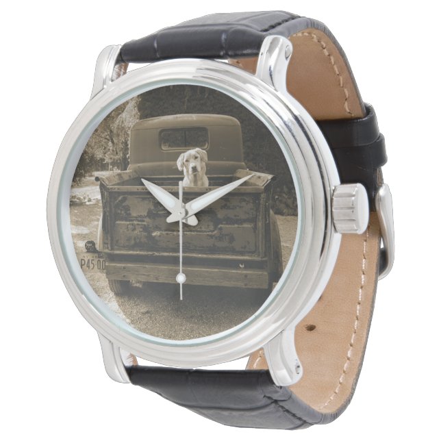 Raus aus dem Dodge - Hundfoto Armbanduhr (Schrägansicht)