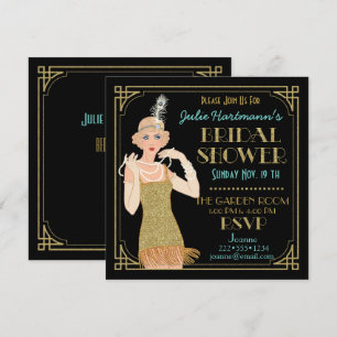 Rauschende 20er Flapper Gold Glitter Schwarz Retro Einladung