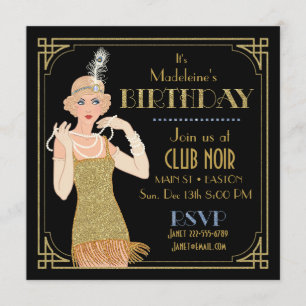 Rauschende 20er Flapper Gold Glitter Schwarz Retro Einladung