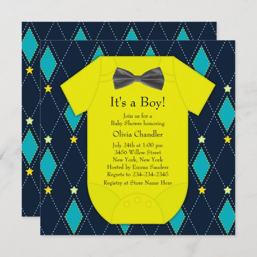 Raute Blue Yellow Baby Boy Dusche Einladung (Vorne/Hinten)