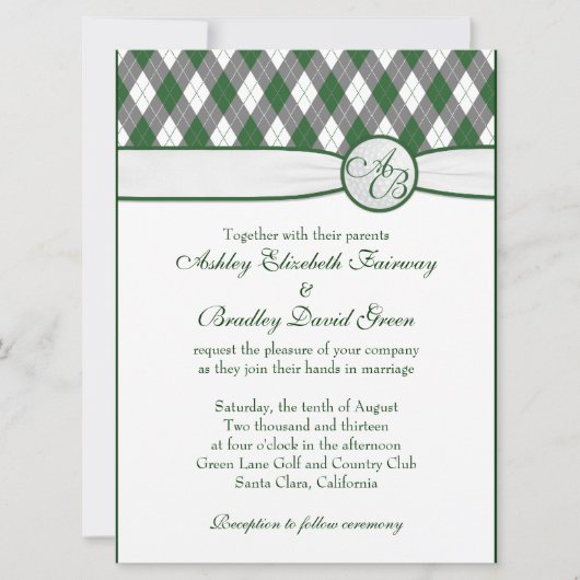 Raute Golfball Golfing Green Monogram Wedding Einladung (Vorderseite)