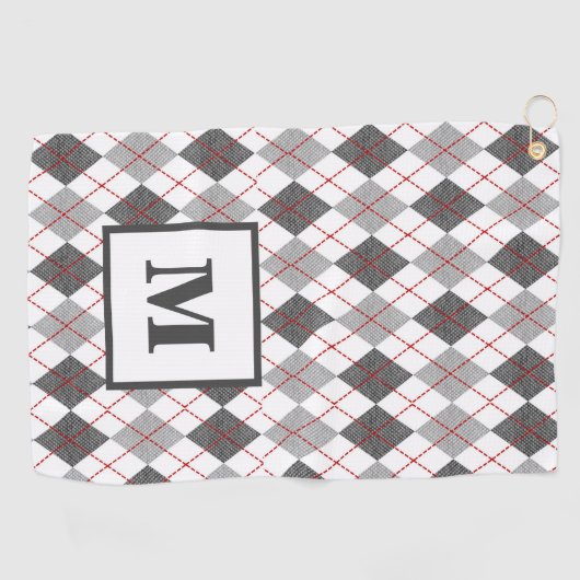 Raute Kariert Red Grau Silver Golf Custom Monogram Golfhandtuch (Horizontal)