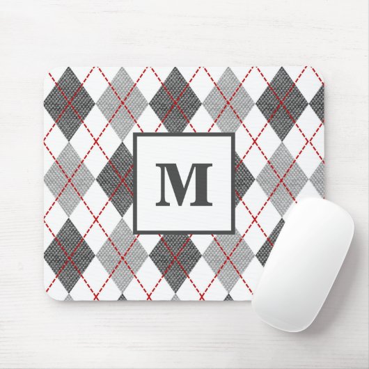 Raute Kariert Rot-Grau-Silber-Monogramm Mousepad (Mit Mouse)