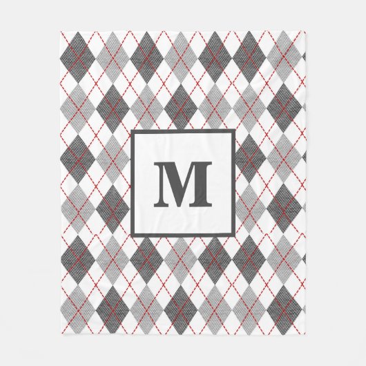 Raute Kariert Rot Grau Silver Custom Monogram Fleecedecke (Vorderseite)