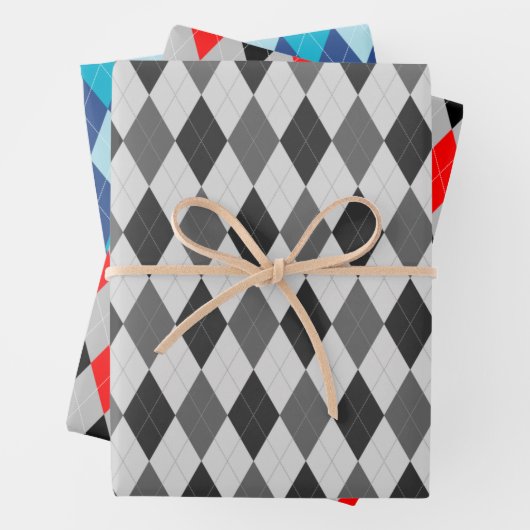 Raute Muster Grau Rot und Blau Geschenkpapier Set (Beispiel)