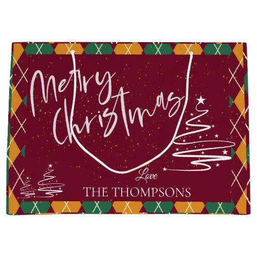 Raute Red Green Elegant Script Frohe Weihnachten Große Geschenktüte (Vorderseite)