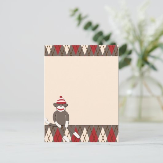 Raute Sock Monkey Postkarte (Stehend Vorderseite)