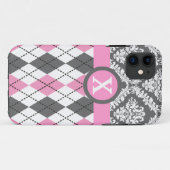 Raute und Damast rosa, gelb, monogramm Case-Mate iPhone Hülle (Rückseite (Horizontal))