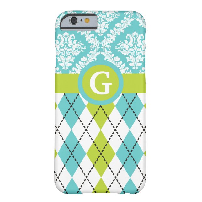 Raute- und Damastmuster grün, Aqua-Monogramm Case-Mate iPhone Hülle (Rückseite)