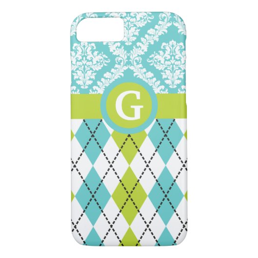 Raute- und Damastmuster grün, Aqua-Monogramm Case-Mate iPhone Hülle (Rückseite)