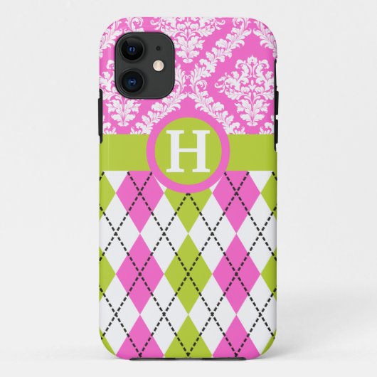 Raute- und Damastmuster grün, rosa Monogramm Case-Mate iPhone Hülle (Rückseite)