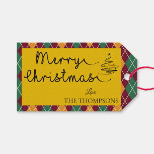 Raute Yellow Orange Green Script Frohe Weihnachten Geschenkanhänger