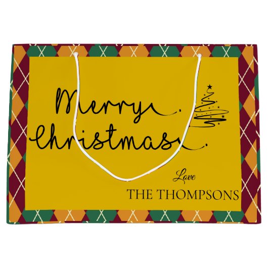 Raute Yellow Orange Green Script Frohe Weihnachten Große Geschenktüte (Vorderseite)