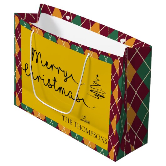 Raute Yellow Orange Green Script Frohe Weihnachten Große Geschenktüte (Vorderseite Schrägansicht)
