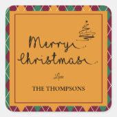 Raute Yellow Orange Green Script Frohe Weihnachten Quadratischer Aufkleber (Vorderseite)