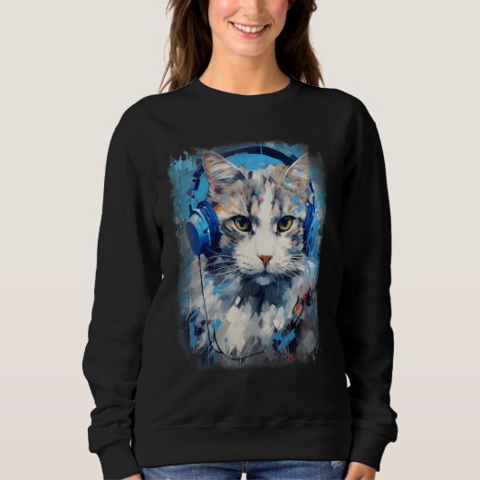 Rave EDM Ragamuffin Cat Headphone Sweatshirt (Vorderseite)