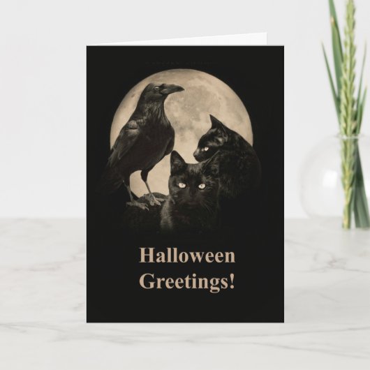 Raven and Black Cats Happy Halloween Karte (Vorderseite)