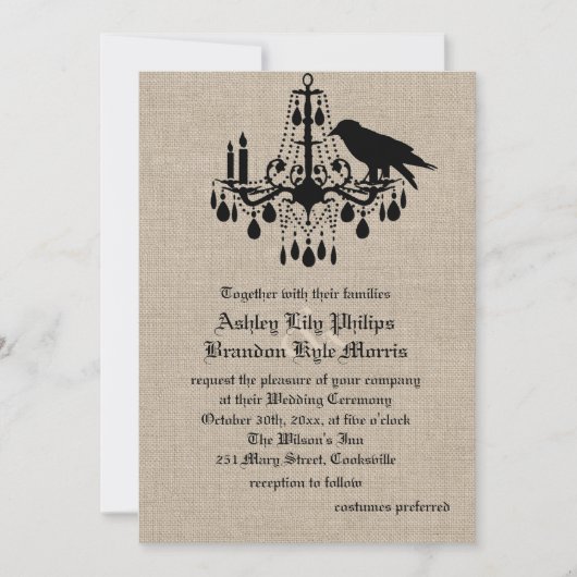 Raven and Damask on Burlap Wedding Einladung (Vorderseite)