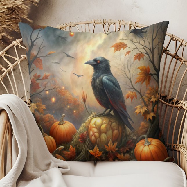 Raven and Pumpkin - Dunkle Herbstdekoration Kissen (Raven and Pumpkin – Dark Autumn Decor Throw Pillow in a boho rattan armchair)
