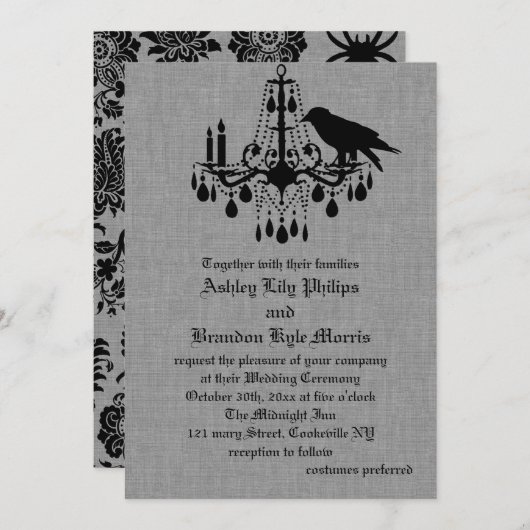 Raven and Spider Damask Gray Linen Wedite Einladun Einladung (Vorne/Hinten)
