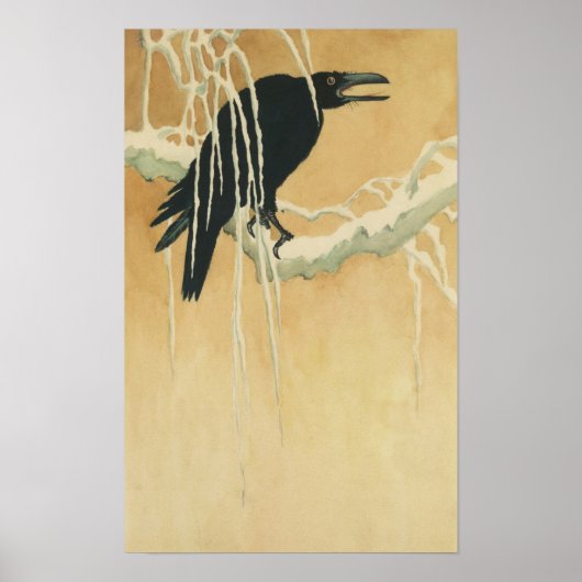 Raven auf einer Baumzweig-Illustration Gold schwar Poster (Vorne)
