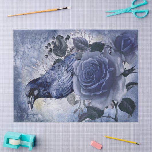 Raven Bird Blue Rose Whimsical Decoupage Seidenpapier (Basteln)