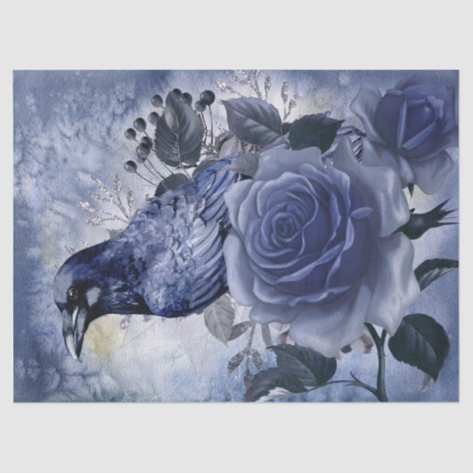 Raven Bird Blue Rose Whimsical Decoupage Seidenpapier (Vorderseite)