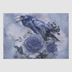 Raven Bird Blue Rose Whimsical Decoupage Seidenpapier