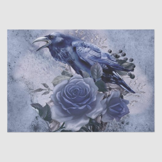 Raven Bird Blue Rose Whimsical Decoupage Seidenpapier (Vorderseite)