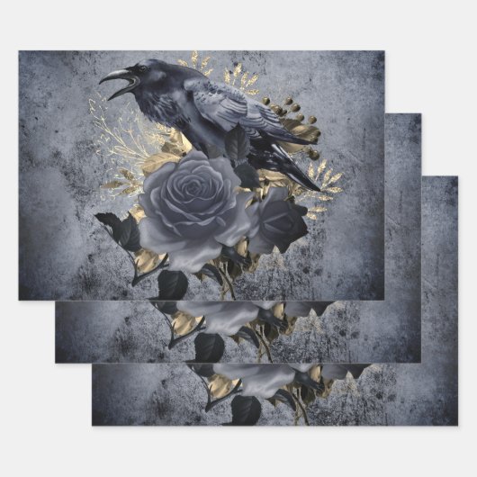Raven Bird Gold Blue/Black Rose Whimsical Geschenkpapier Set (Set)