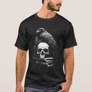 Raven Bird Skull and Books Witchy Occulmia Academi T-Shirt