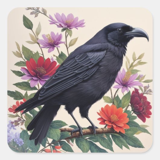 Raven Colorful Blume Art Quadratischer Aufkleber (Vorderseite)