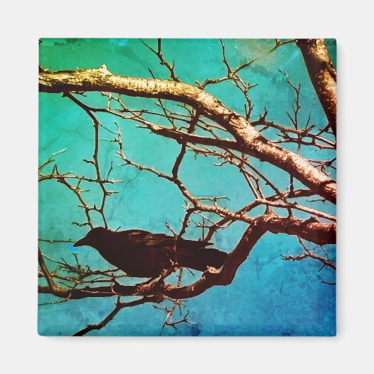 Raven Crow Black Bird Silver Tree Photo Magnet (Vorne)