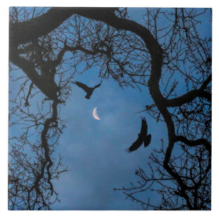 Raven, Eichenbaum und Mondmond Kunst Tile Fliese