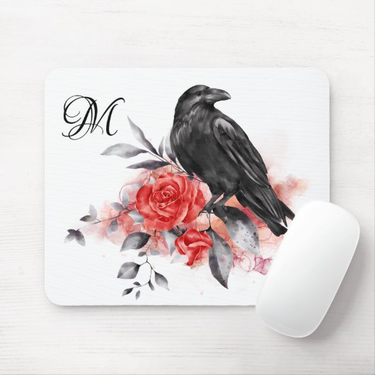 Raven Elegante Monogram Gotische Rose Wasserfarben Mousepad (Mit Mouse)