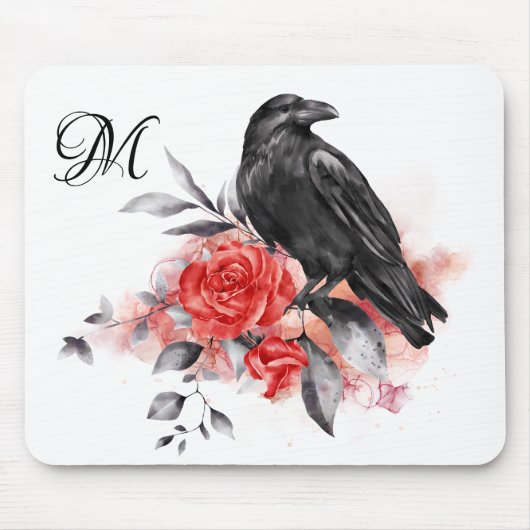 Raven Elegante Monogram Gotische Rose Wasserfarben Mousepad (Vorne)