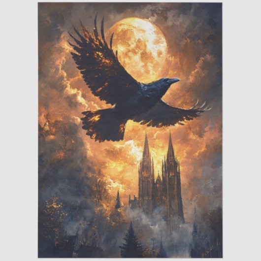 Raven Flying Over Gothic Cathedral Decoupage Seidenpapier (Vorderseite)