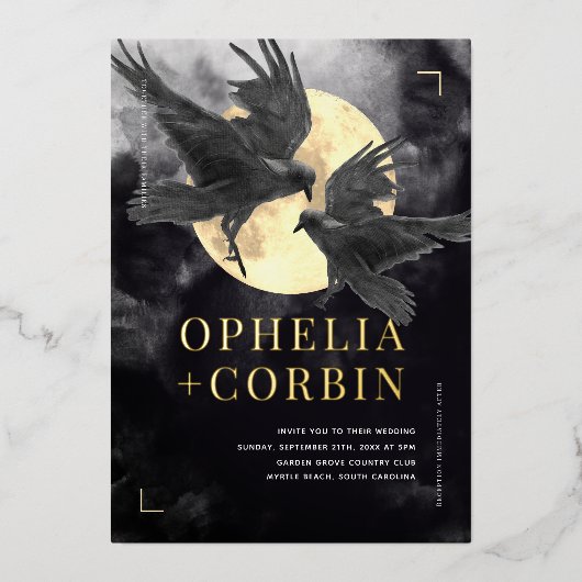 Raven & Golden Moon Black Gothic Wedding Folieneinladung (Vorderseite)