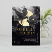 Raven & Golden Moon Black Gothic Wedding Folieneinladung (Stehend vorne)