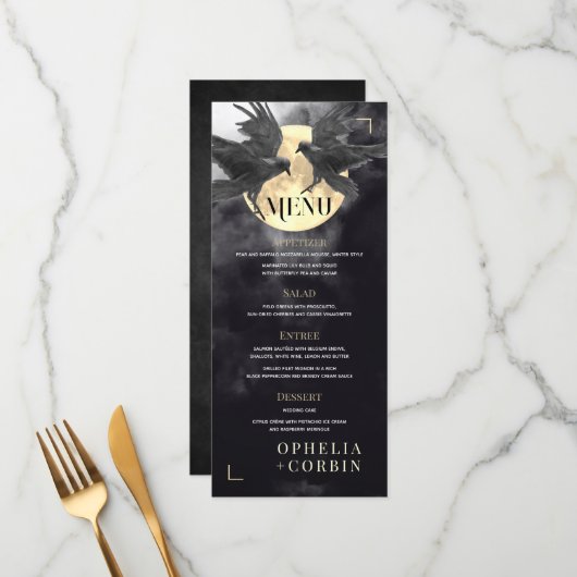 Raven & Golden Moon Gothic Wedding Menükarte (Vorderseite/Rückseite Beispiel)