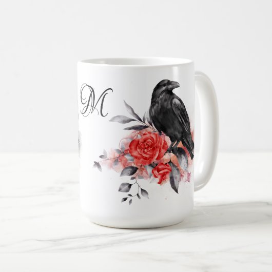 Raven Gothic Rose Aquarell Fantasy Art Monogram Kaffeetasse (VorderseiteRechts)