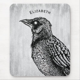 Raven Gothic Schwarz-weiß Creepy Bird Zeichnend Na Mousepad