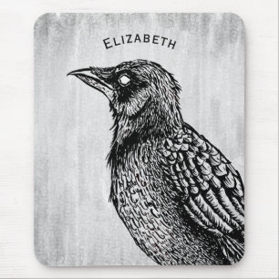Raven Gothic Schwarz-weiß Creepy Bird Zeichnend Na Mousepad